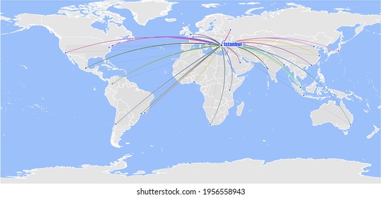 High detailed concept vector map for Istanbul, Turkey's connections with other major cities around the world. The map shows Istanbul, Turkey's location in the world with colorful links to other cities