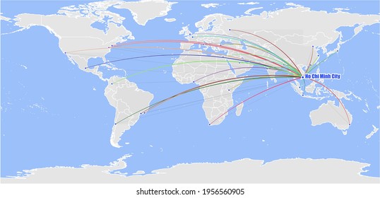 High detailed concept vector map for Ho Chi Minh City, Vietnam's connections with other major cities around the world. The map shows Ho Chi Minh City, Vietnam's location in the world with colorful lin