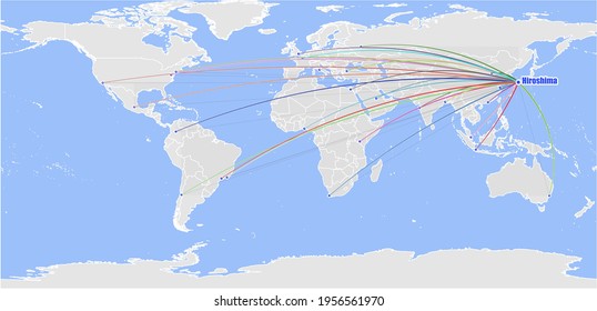 High detailed concept vector map for Hiroshima, Japan's connections with other major cities around the world. The map shows Hiroshima, Japan's location in the world with colorful links to other cities
