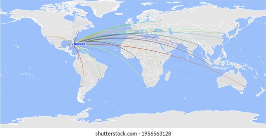High detailed concept vector map for Havana, Cuba's connections with other major cities around the world. The map shows Havana, Cuba's location in the world with colorful links to other cities.