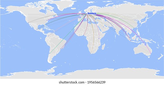 High detailed concept vector map for Hamburg, Germany's connections with other major cities around the world. The map shows Hamburg, Germany's location in the world with colorful links to other cities