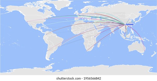 High detailed concept vector map for Guiyang, China's connections with other major cities around the world. The map shows Guiyang, China's location in the world with colorful links to other cities.