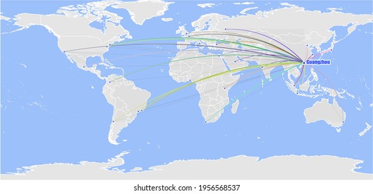 High detailed concept vector map for Guangzhou, China's connections with other major cities around the world. The map shows Guangzhou, China's location in the world with colorful links to other cities