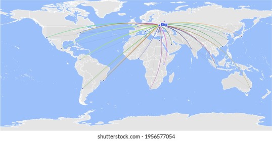 High detailed concept vector map for Kiev, Ukraine's connections with other major cities around the world. The map shows Kiev, Ukraine's location in the world with colorful links to other cities.