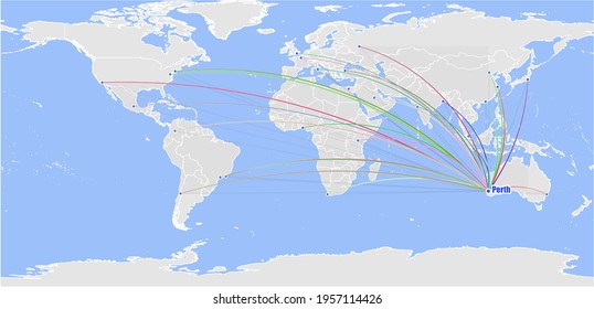 High detailed concept vector map for Perth, Australia's connections with other major cities around the world. The map shows Perth, Australia's location in the world with colorful links to other cities
