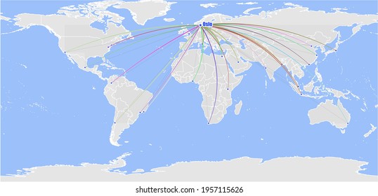 High detailed concept vector map for Oslo, Norway's connections with other major cities around the world. The map shows Oslo, Norway's location in the world with colorful links to other cities.
