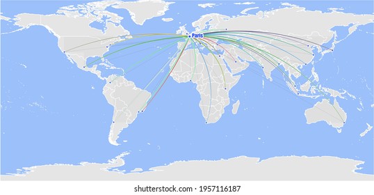 High detailed concept vector map for Paris, France's connections with other major cities around the world. The map shows Paris, France's location in the world with colorful links to other cities.