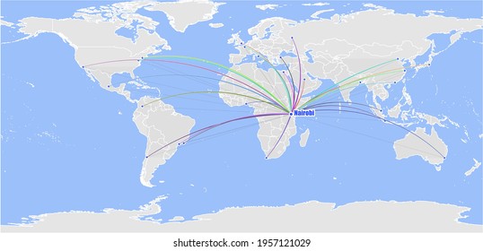 High detailed concept vector map for Nairobi, Kenya's connections with other major cities around the world. The map shows Nairobi, Kenya's location in the world with colorful links to other cities.