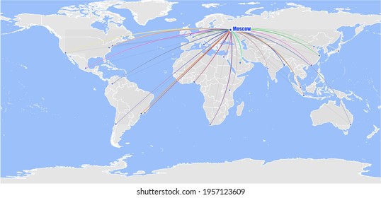 High detailed concept vector map for Moscow, Russia's connections with other major cities around the world. The map shows Moscow, Russia's location in the world with colorful links to other cities.