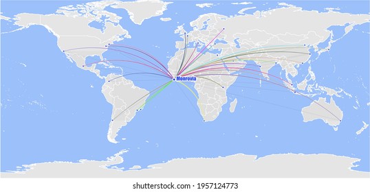 High detailed concept vector map for Monrovia, Liberia's connections with other major cities around the world. The map shows Monrovia, Liberia's location in the world with colorful links to other citi