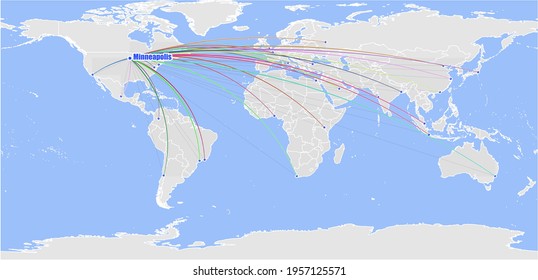 High detailed concept vector map for Minneapolis, United States of America's connections with other major cities around the world. The map shows Minneapolis, United States of America's location in the