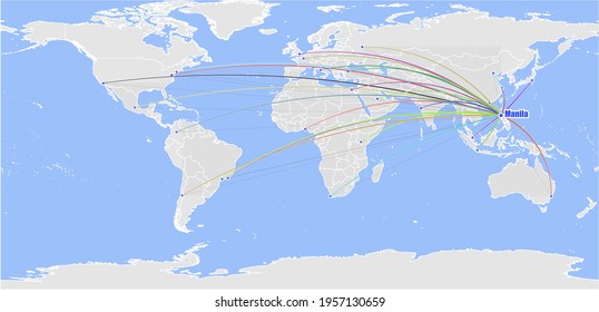 High detailed concept vector map for Manila, Philippines's connections with other major cities around the world. The map shows Manila, Philippines's location in the world with colorful links to other 