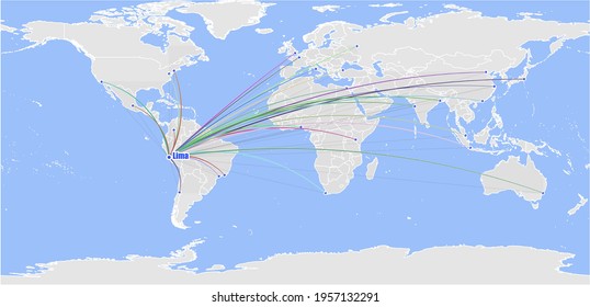 High detailed concept vector map for Lima, Peru's connections with other major cities around the world. The map shows Lima, Peru's location in the world with colorful links to other cities.