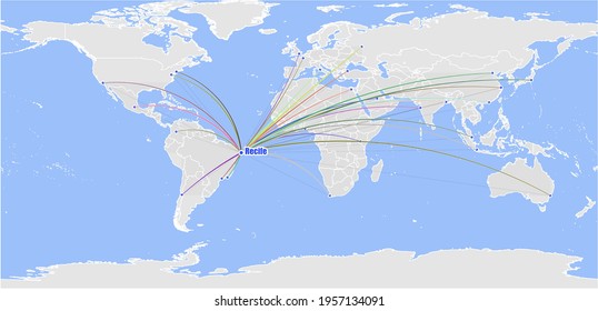 High detailed concept vector map for Recife, Brazil's connections with other major cities around the world. The map shows Recife, Brazil's location in the world with colorful links to other cities.