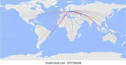 High detailed concept vector map for Prague, Czech Republic's connections with other major cities around the world. The map shows Prague, Czech Republic's location in the world with colorful links to 