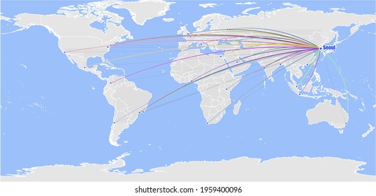 High detailed concept vector map for Seoul, South Korea's connections with other major cities around the world. The map shows Seoul, South Korea's location in the world with colorful links to other ci