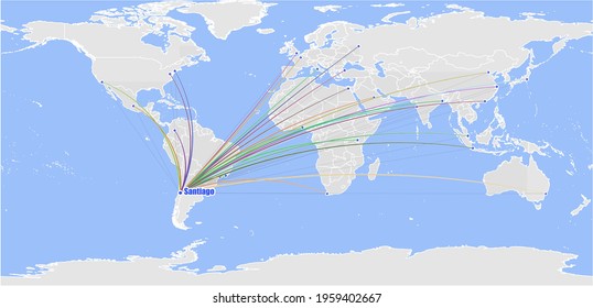 High detailed concept vector map for Santiago, Chile's connections with other major cities around the world. The map shows Santiago, Chile's location in the world with colorful links to other cities.