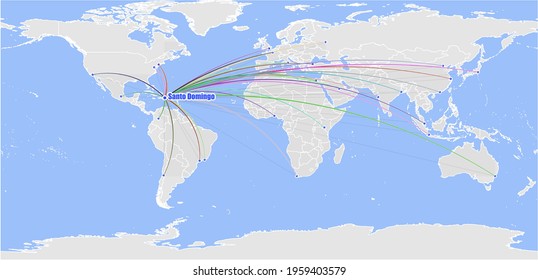 High detailed concept vector map for Santo Domingo, Dominican Republic's connections with other major cities around the world. The map shows Santo Domingo, Dominican Republic's location in the world w