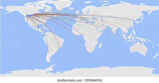 High detailed concept vector map for Seattle, United States of America's connections with other major cities around the world. The map shows Seattle, United States of America's location in the world w