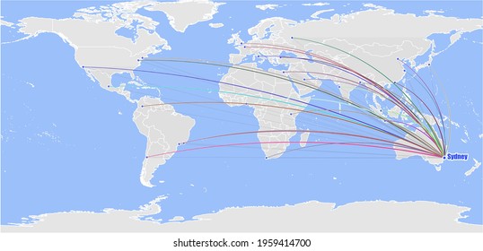 High detailed concept vector map for Sydney, Australia's connections with other major cities around the world. The map shows Sydney, Australia's location in the world with colorful links to other citi