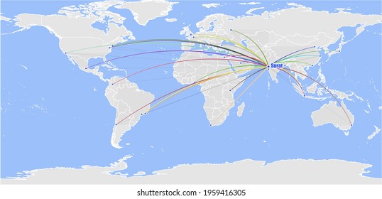 High detailed concept vector map for Surat, India's connections with other major cities around the world. The map shows Surat, India's location in the world with colorful links to other cities.