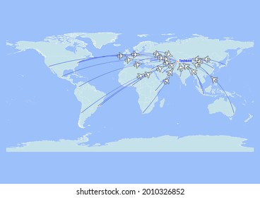 High detailed concept vector travel map for flights to Tashkent-Uzbekistan from major cities around the world. Vector suitable for digital editing and prints of all sizes.
