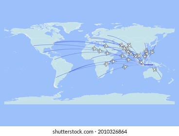 High detailed concept vector travel map for flights to Surabaya-Indonesia from major cities around the world. Vector suitable for digital editing and prints of all sizes.