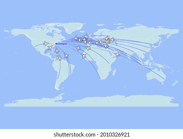 High detailed concept vector travel map for flights to Washington-United States of America from major cities around the world. Vector suitable for digital editing and prints of all sizes.