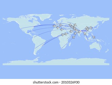 High detailed concept vector travel map for flights to Varanasi-India from major cities around the world. Vector suitable for digital editing and prints of all sizes.