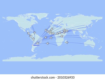 Mapa de viajes de vectores de concepto de alta definición para vuelos a Valparaíso-Chile desde las principales ciudades del mundo. Vector adecuado para edición digital e impresiones de todos los tamaños.