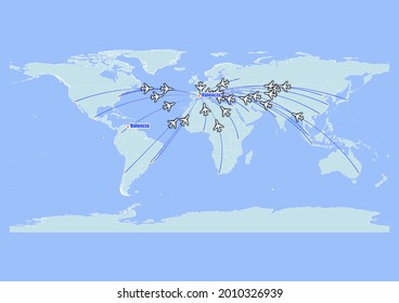 High detailed concept vector travel map for flights to Valencia-Spain from major cities around the world. Vector suitable for digital editing and prints of all sizes.