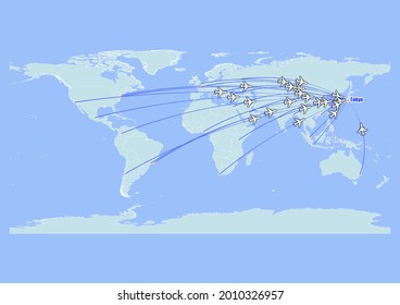 High detailed concept vector travel map for flights to Tokyo-Japan from major cities around the world. Vector suitable for digital editing and prints of all sizes.