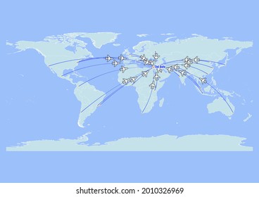 High detailed concept vector travel map for flights to Tel Aviv-Israel from major cities around the world. Vector suitable for digital editing and prints of all sizes.