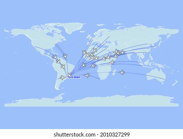 High detailed concept vector travel map for flights to Porto Alegre-Brazil from major cities around the world. Vector suitable for digital editing and prints of all sizes.