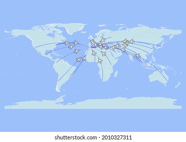 Mapa de alto concepto de vectores para vuelos a Rabat-Marruecos desde las principales ciudades del mundo. Vector adecuado para edición digital e impresiones de todos los tamaños.