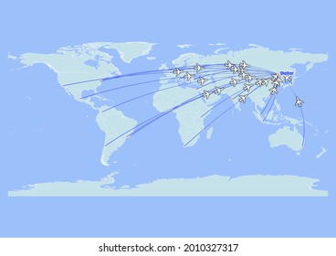 High detailed concept vector travel map for flights to Qiqihar-China from major cities around the world. Vector suitable for digital editing and prints of all sizes.