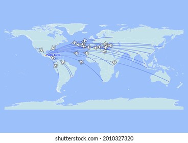 High detailed concept vector travel map for flights to Puebla Garcia-Mexico from major cities around the world. Vector suitable for digital editing and prints of all sizes.