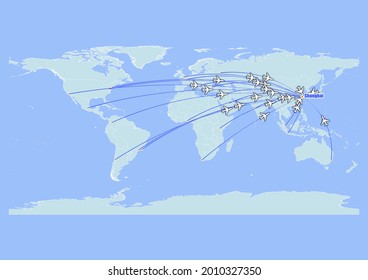 Mapa de viajes de vectores de concepto alto para vuelos a Shanghai-China desde las principales ciudades del mundo. Vector adecuado para edición digital e impresiones de todos los tamaños.