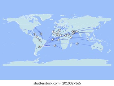 High detailed concept vector travel map for flights to São Paulo-Brazil from major cities around the world. Vector suitable for digital editing and prints of all sizes.