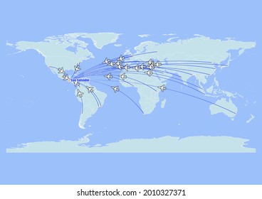 High detailed concept vector travel map for flights to San Salvador  El Salvador from major cities around the world  Vector suitable for digital editing   prints all sizes 