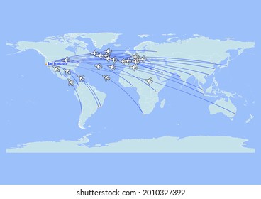High detailed concept vector travel map for flights to San Francisco-United States of America from major cities around the world. Vector suitable for digital editing and prints of all sizes.