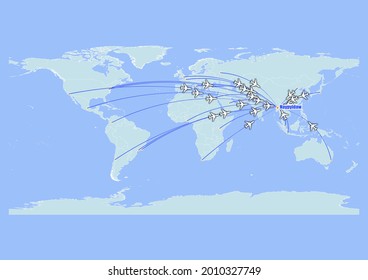 High detailed concept vector travel map for flights to Naypyidaw-Myanmar from major cities around the world. Vector suitable for digital editing and prints of all sizes.