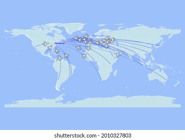 High detailed concept vector travel map for flights to Pittsburgh-United States of America from major cities around the world. Vector suitable for digital editing and prints of all sizes.