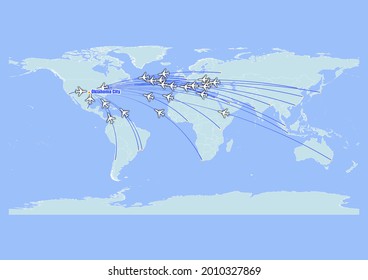 High detailed concept vector travel map for flights to Oklahoma City-United States of America from major cities around the world. Vector suitable for digital editing and prints of all sizes.