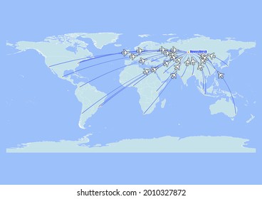 High detailed concept vector travel map for flights to Novosibirsk-Russia from major cities around the world. Vector suitable for digital editing and prints of all sizes.