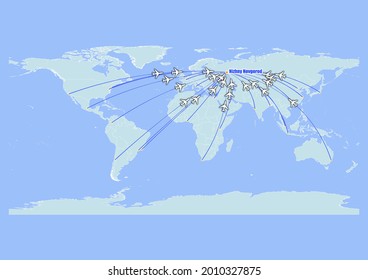 High detailed concept vector travel map for flights to Nizhny Novgorod-Russia from major cities around the world. Vector suitable for digital editing and prints of all sizes.