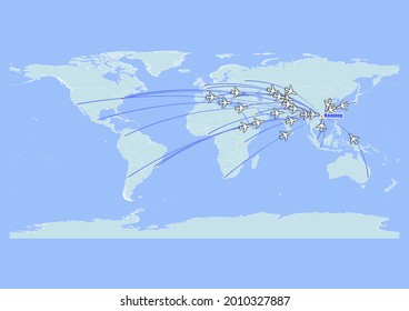 High detailed concept vector travel map for flights to Nanning-China from major cities around the world. Vector suitable for digital editing and prints of all sizes.