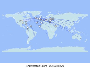 High detailed concept vector travel map for flights to Minneapolis-United States of America from major cities around the world. Vector suitable for digital editing and prints of all sizes.