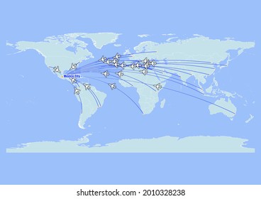 High detailed concept vector travel map for flights to Mexico City-Mexico from major cities around the world. Vector suitable for digital editing and prints of all sizes.