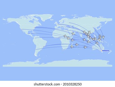 High detailed concept vector travel map for flights to Melbourne-Australia from major cities around the world. Vector suitable for digital editing and prints of all sizes.